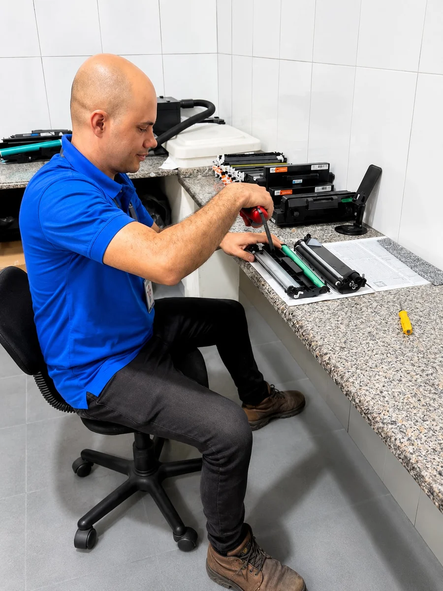 Especialista realizando recarga de toner no laboratório técnico